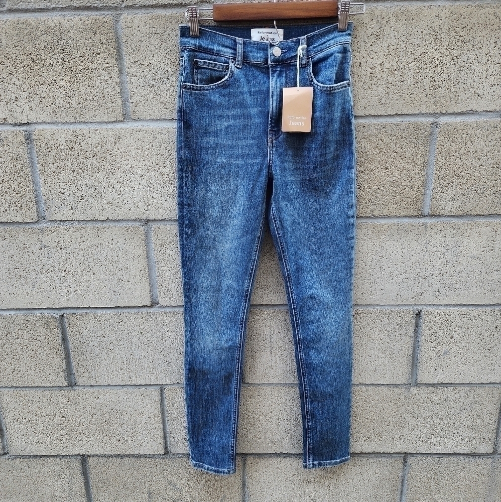 REFORMATION Harper High Rise Skinny Jeans Destin Blue Wash Womens Size 25